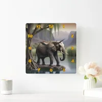 Majestic Elephant at Tranquil Lakeside Dawn Square Wall Clock