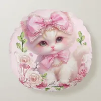 Cute Pink Kitten Round Pillow