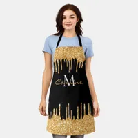 Monogram Honey Gold Glitter Drip Black Name Apron