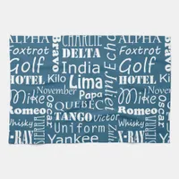 Phonetic Alphabet Pattern White on Nautical Blue Kitchen Towel