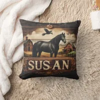 Black Horse Near Barns and Flying Birds Throw Pillow