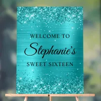 Glittery Turquoise Blue Foil Sweet Sixteen Welcome Acrylic Sign