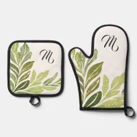 Monogrammed Green Leaf Botanical Garden Leaves Oven Mitt & Pot Holder Set