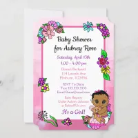 Baby Girl with Teddy Bear Pink Baby Shower Ethnic Invitation