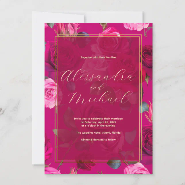 Pink Roses on Viva Magenta | Wedding Invitation