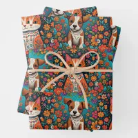 Cute Whimsical Folk Art Cat and Dog and Flowers Wrapping Paper Sheets