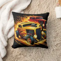 Classic hot rods racing in fiery motion throw pillow