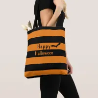 Black Bat | Orange & Black Stripe Halloween Treat Tote Bag