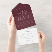 Merlot Burgundy Wedding Modern with Tear Off RSVP All In One Invitation