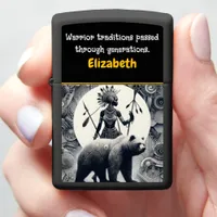 A fierce warrior poised alongside a majestic bear zippo lighter