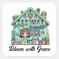 Bloom with Grace | Kawaii Girl with Plants Square Sticker