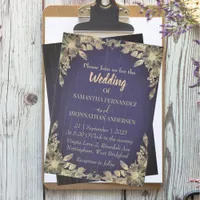 Vintage Navy Blue Wood Style Gold Flower Wedding Invitation