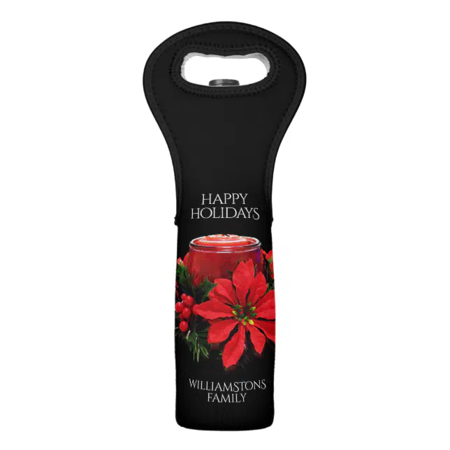 Festive Red Christmas Candles, Holly, & Poinsettia Wine Bag