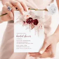 Boho Bridal Shower Burgundy Pampas Grass Roses Invitation