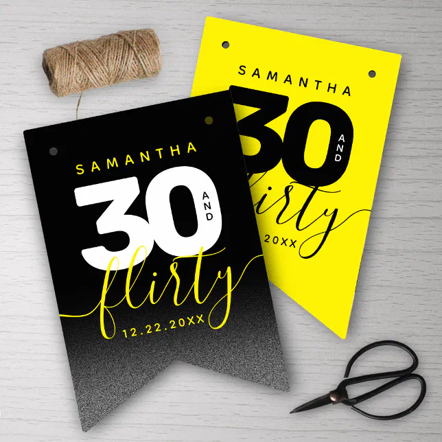 Modern Girly Bright Yellow 30 and Flirty Bunting Flags