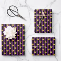 Faux Gold Crowns Purple Black Stripes Mardi Gras Wrapping Paper Sheets