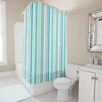 Blue white green  Stripes Beach bathroom coastal Shower Curtain