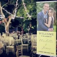 Wedding Welcome Name And Photo Navy And Yellow Retractable Banner