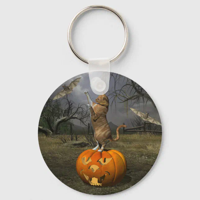 Cute Halloween Orange Cat Batting Bats Keychain