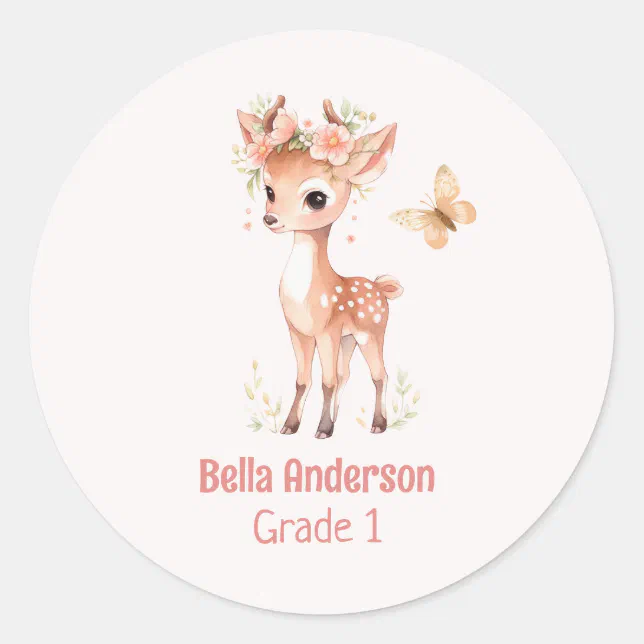 Floral Deer And Butterfly Girl Classic Round Sticker