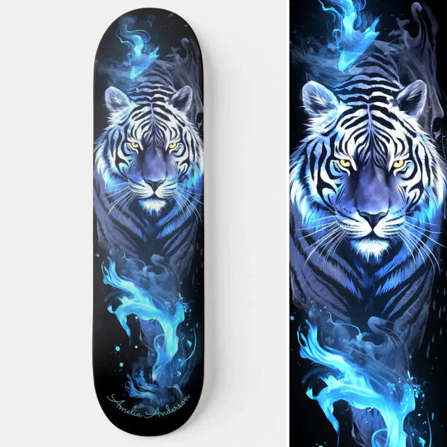 Tiger White & Blue Glowing Cool Style Skateboard