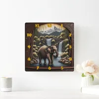 Majestic Elephant by Cascading Waterfalls at Dusk Square Wall Clock