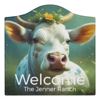 Cute White Ai Cow with Horns and Flowers Welcome Door Sign