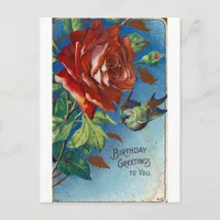 Vintage Birthday Wishes Rose and Bird Postcard