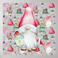 Christmas Santa Gnome & Silver Pattern Background Poster