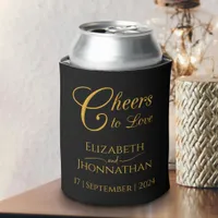 Cheers to Love Minimal Black & Gold Script Wedding Can Cooler