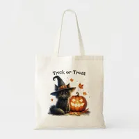 Halloween Trick or Treat Black Cat Witch's Hat Tote Bag