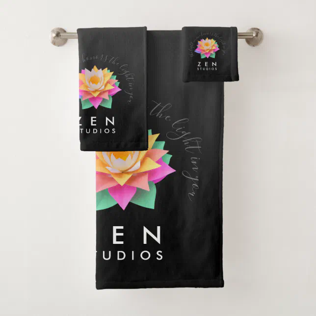 Elegant Multi-Colored Lotus Flower on Black Bath Towel Set