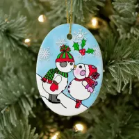 Kissing Snowman Couple under the Mistletoe Ceramic Ornament