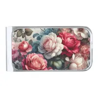 Timeless Rose Floral Charm Silver Finish Money Clip