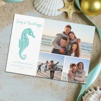 Coastal Christmas Seahorse Aqua Teal 3 Photo Holiday Card