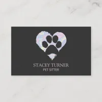 Paw Print Holographic Heart Pet Sitter Dog Walker Business Card