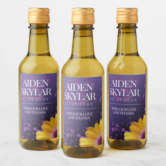 Elegant Golden Daisy with Purple Glitter Wedding Wine Label