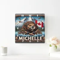 Canadian Beaver With Blue Ocean Scene Square Wall Clock