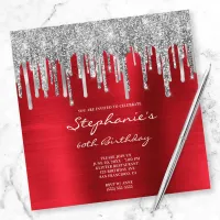 Silver Glitter Drips Red Foil 60th Birthday Invitation