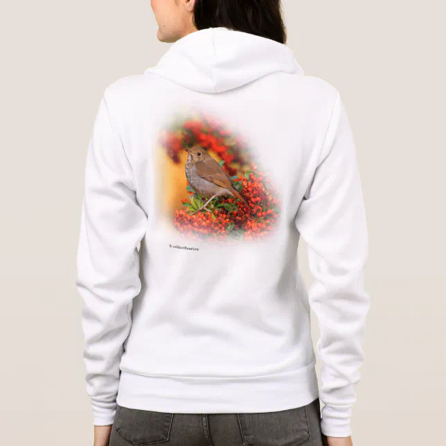 Hermit Thrush Songbird on Scarlet Firethorn Hoodie