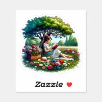 Girl Reading under a Tree Surrounded by Flowers Sticker