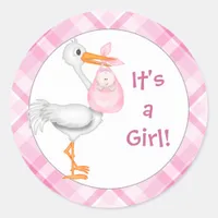 Stork & Baby Girl Baby Announcement Classic Round Sticker