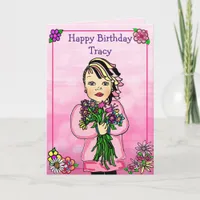 Happy Birthday Whimsical Girl with Flowers Card