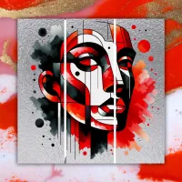 Red, black and white Abstract Face on silver | Triptych