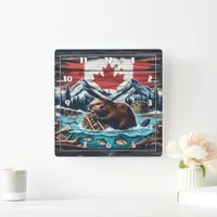 Beaver Building Dam in Canadian Wilderness Scene Square Wall Clock