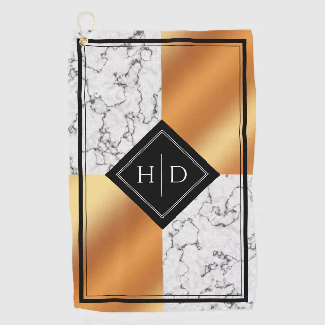 Elegant Marble & Copper Foil Diamond Monogram Golf Towel