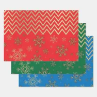 Shiny Golden Snowflakes On Red/Green/Blue Chevron Wrapping Paper Sheets