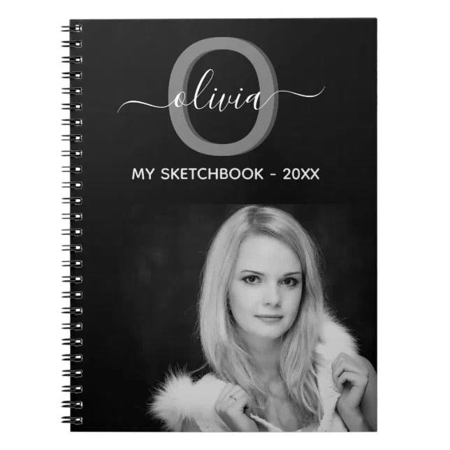 Sketchbook custom photo black white monogram notebook