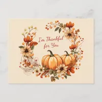 Thankful Pumpkin and Autumn Flowers Wreath Postcard