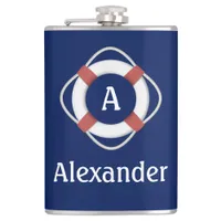 Navy Blue Nautical Lifesaver Monogram Flask